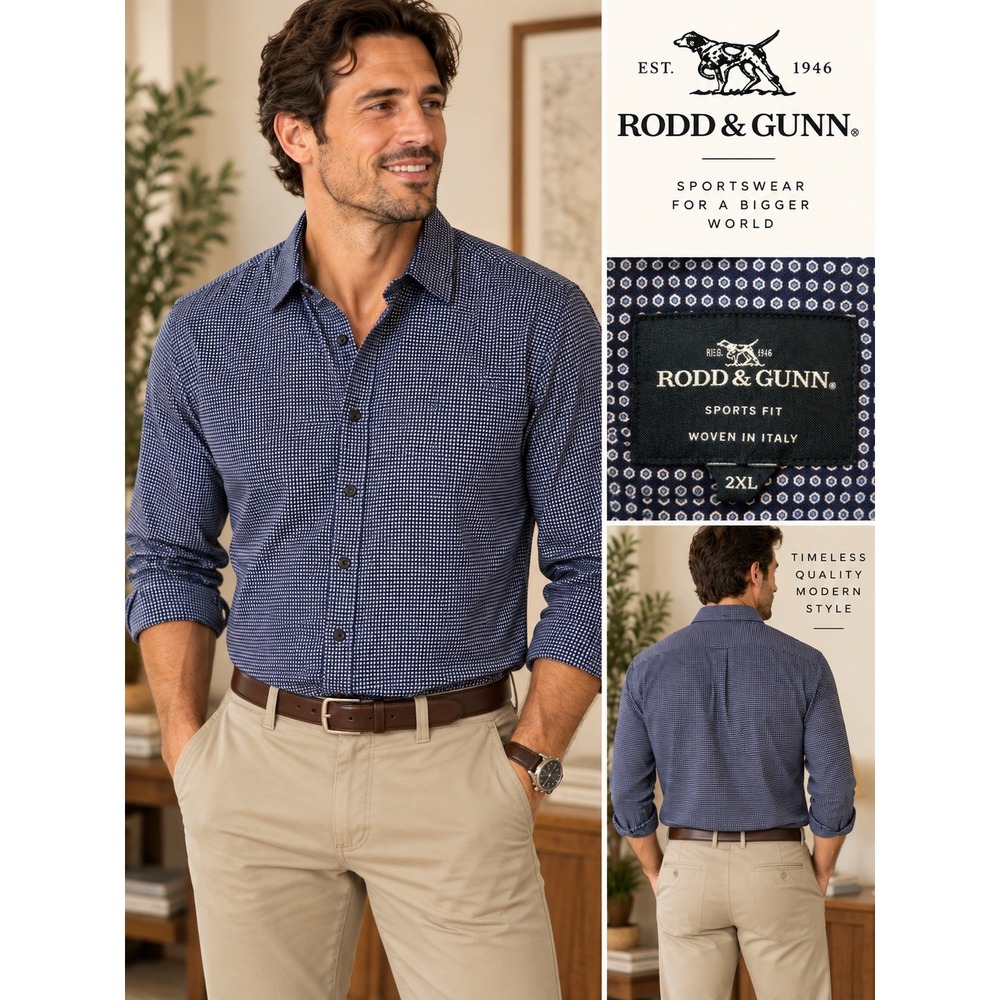 Rodd & Gunn Mens 2XL Sports Fit Button Down Shirt Navy Blue Woven in Italy 2XL